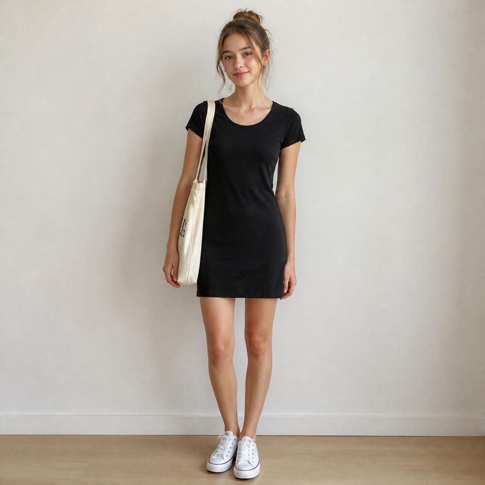 Dylan by True Grit Slub Cotton T-Shirt Dress Black Ribbed Sleeve XS